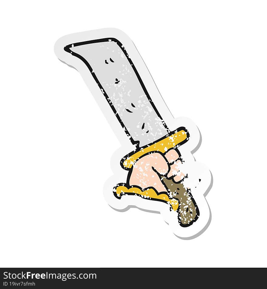 retro distressed sticker of a cartoon hand with sword