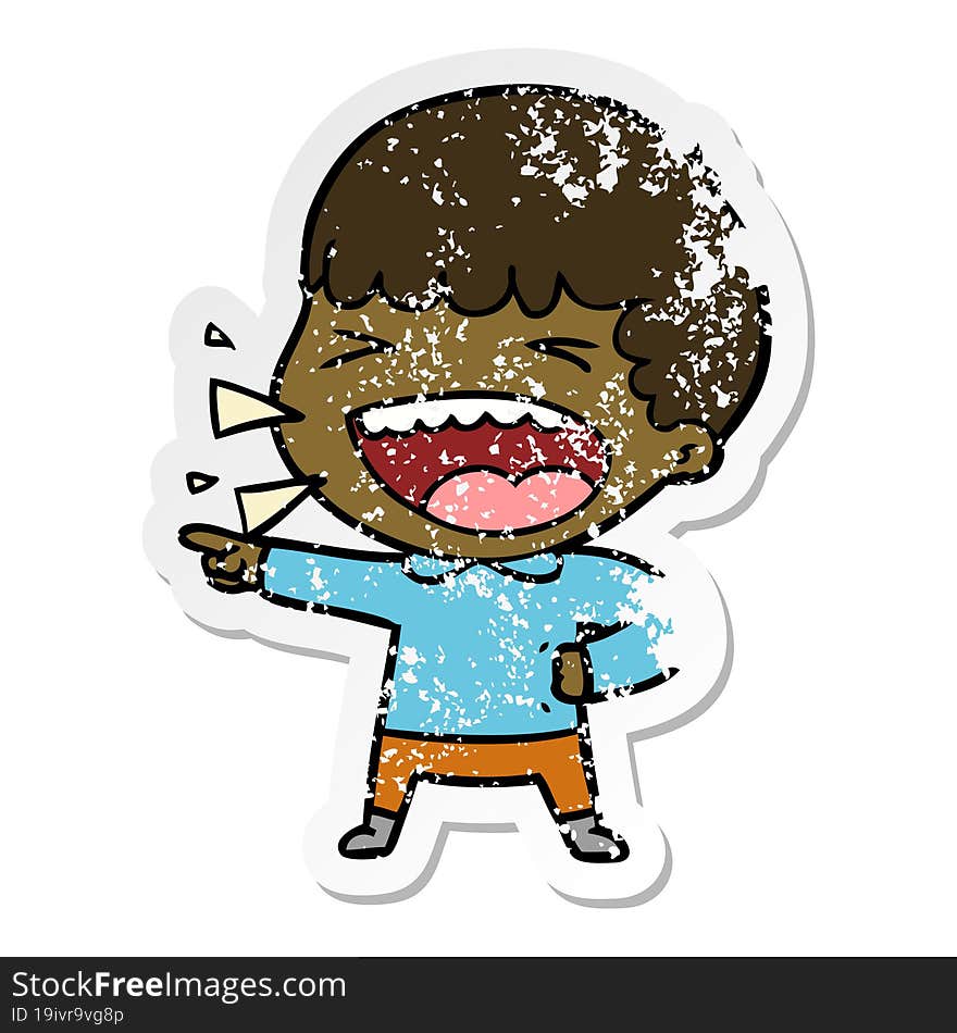 distressed sticker of a cartoon laughing man