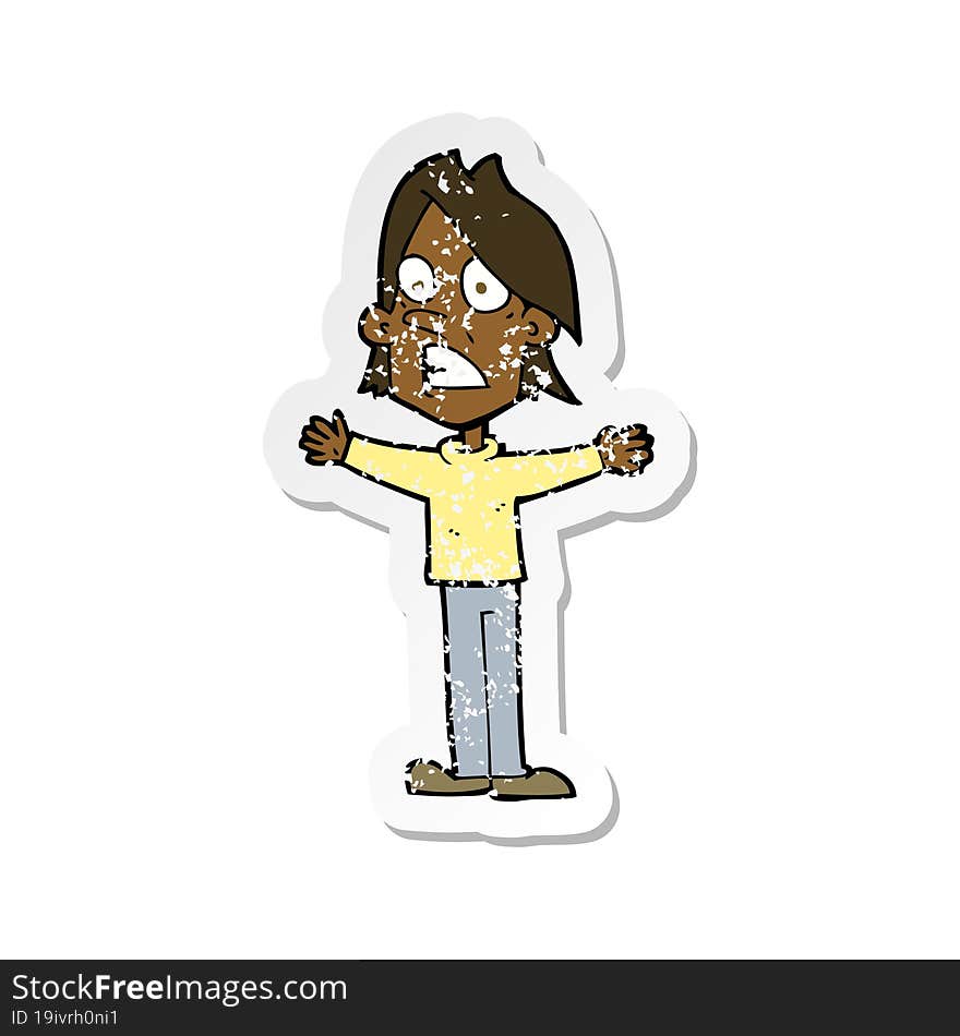 retro distressed sticker of a cartoon frightened man