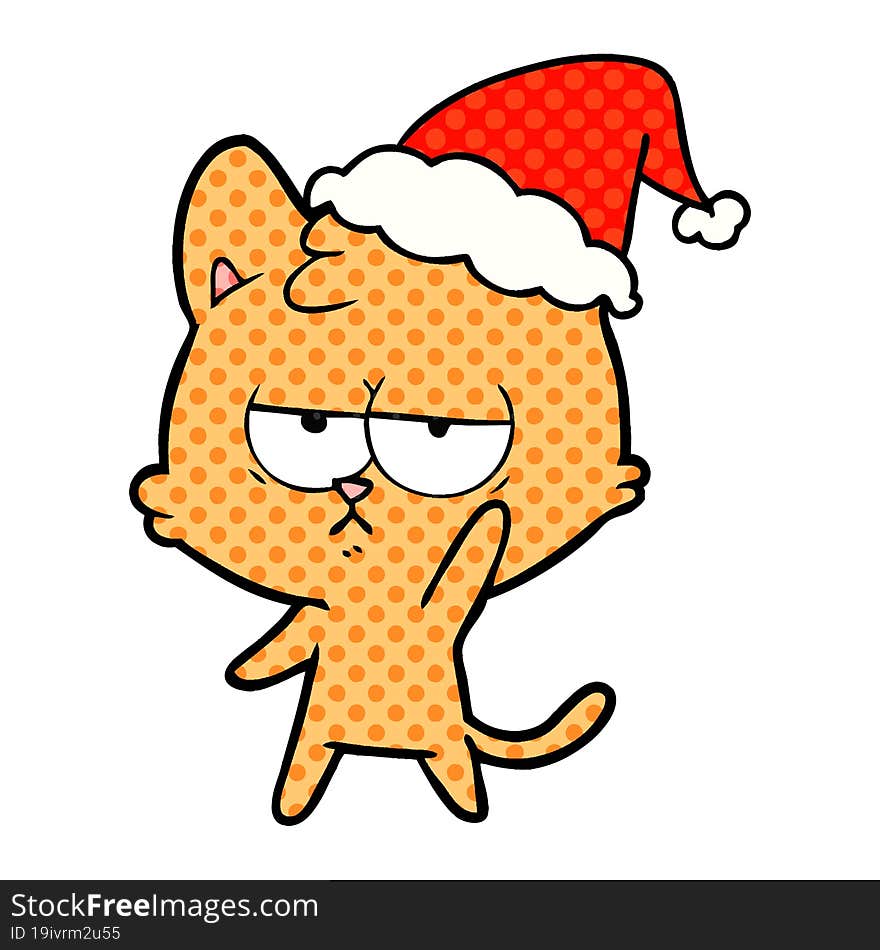 Bored Comic Book Style Illustration Of A Cat Wearing Santa Hat