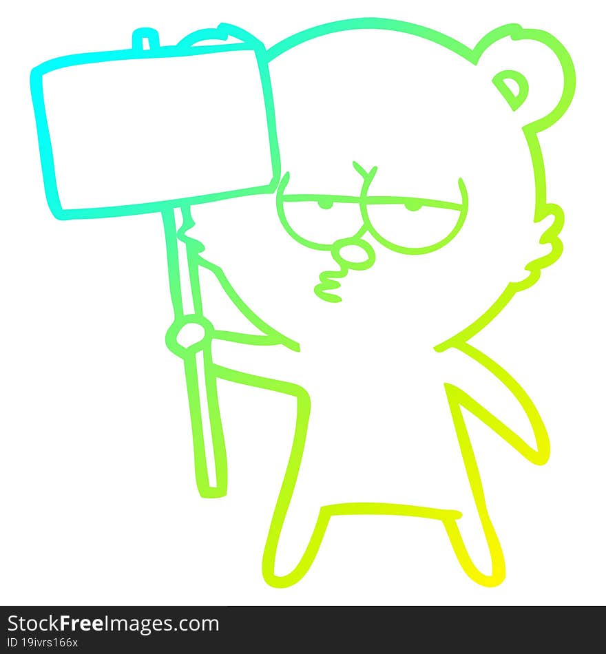 cold gradient line drawing bored polar bear cartoon with sign