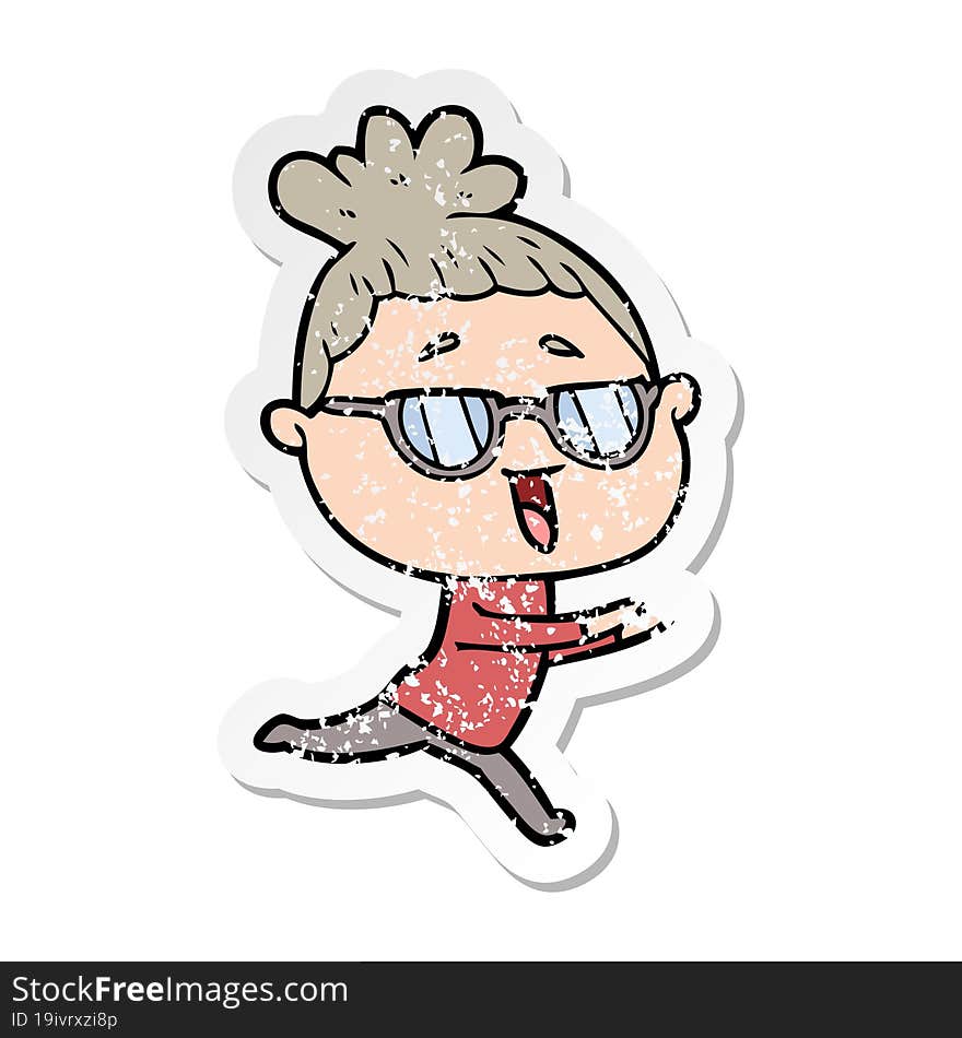 distressed sticker of a cartoon happy woman wearing spectacles