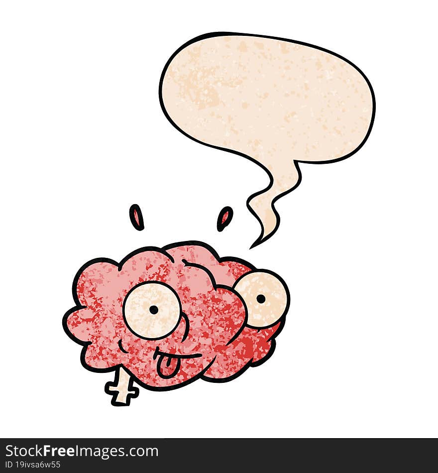 funny cartoon brain with speech bubble in retro texture style