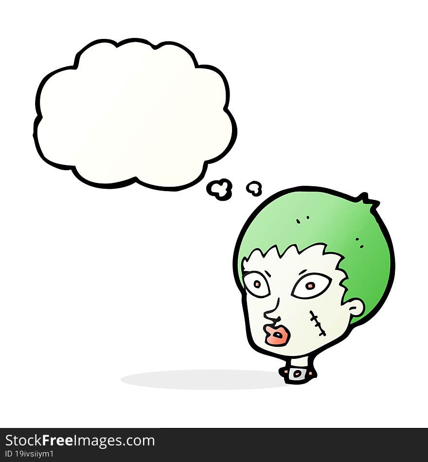 cartoon female zombie head with thought bubble