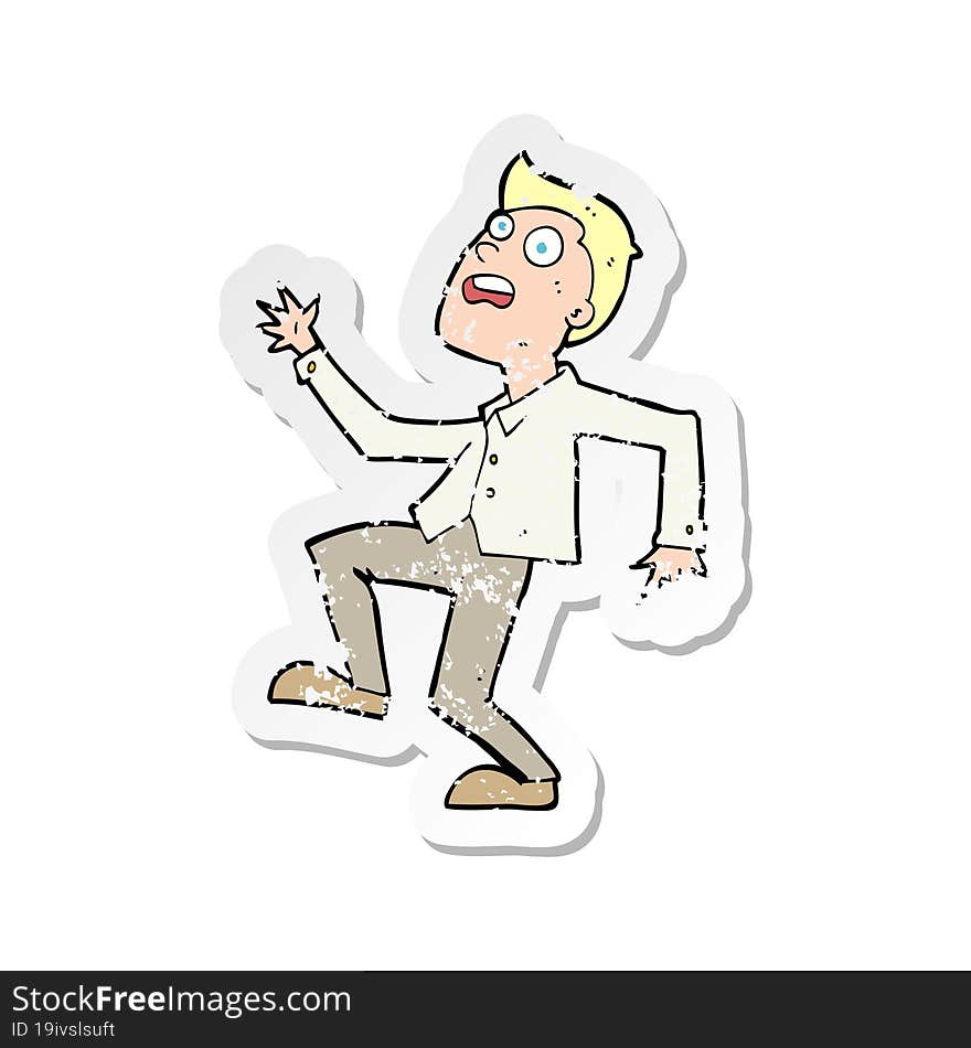 retro distressed sticker of a cartoon man panicking