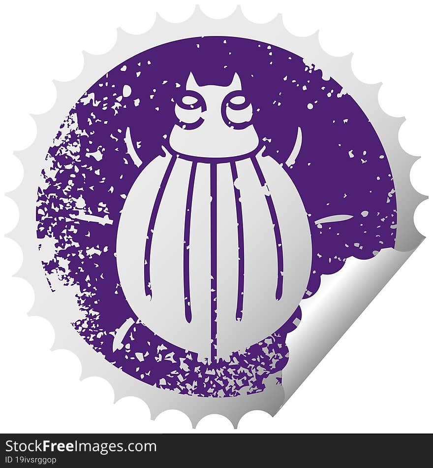 quirky distressed circular peeling sticker symbol beetle