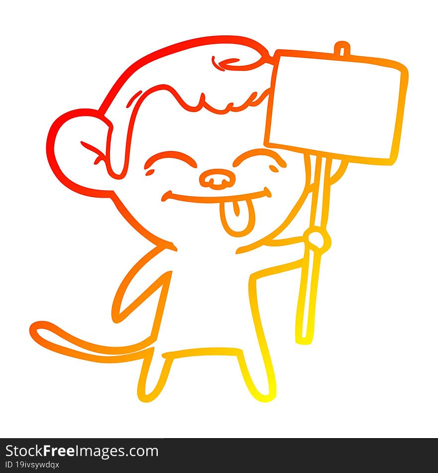 warm gradient line drawing funny cartoon monkey with placard