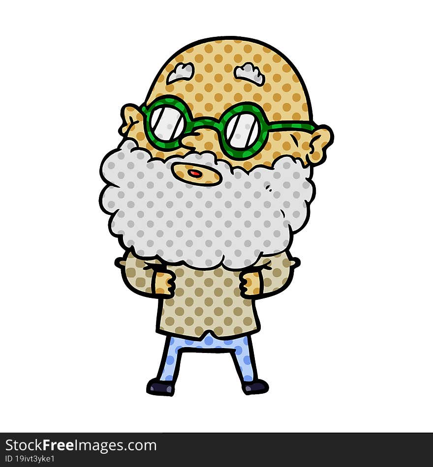 cartoon curious man with beard and glasses. cartoon curious man with beard and glasses