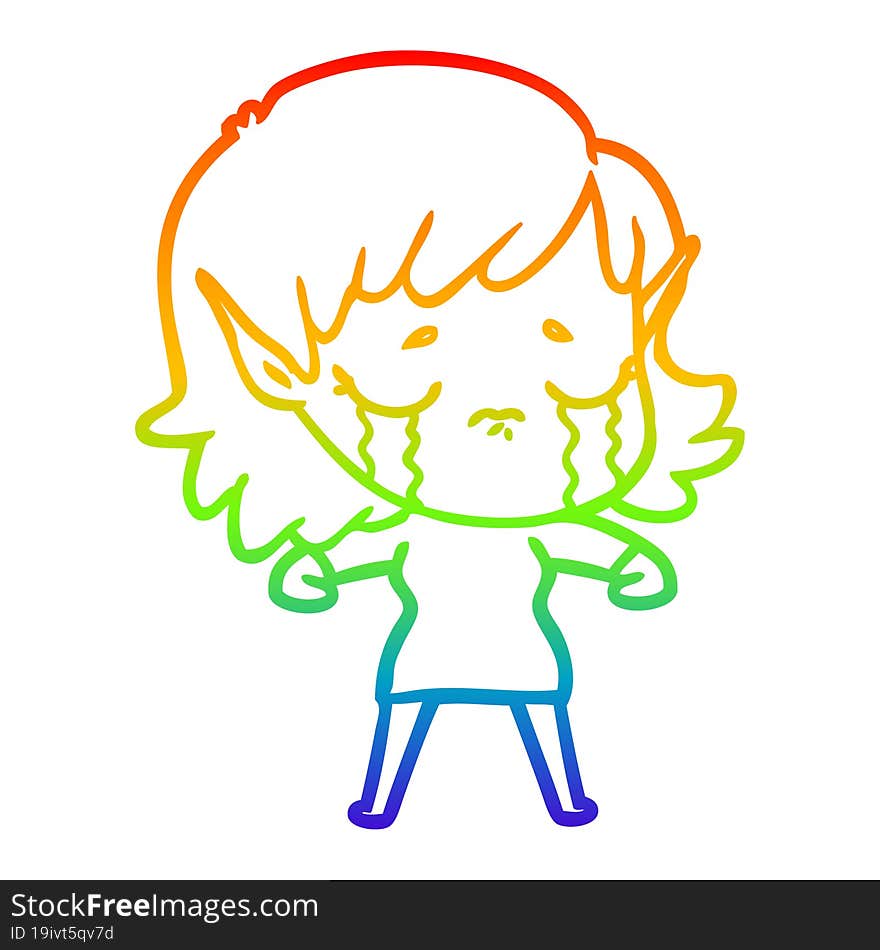 rainbow gradient line drawing of a cartoon crying elf girl