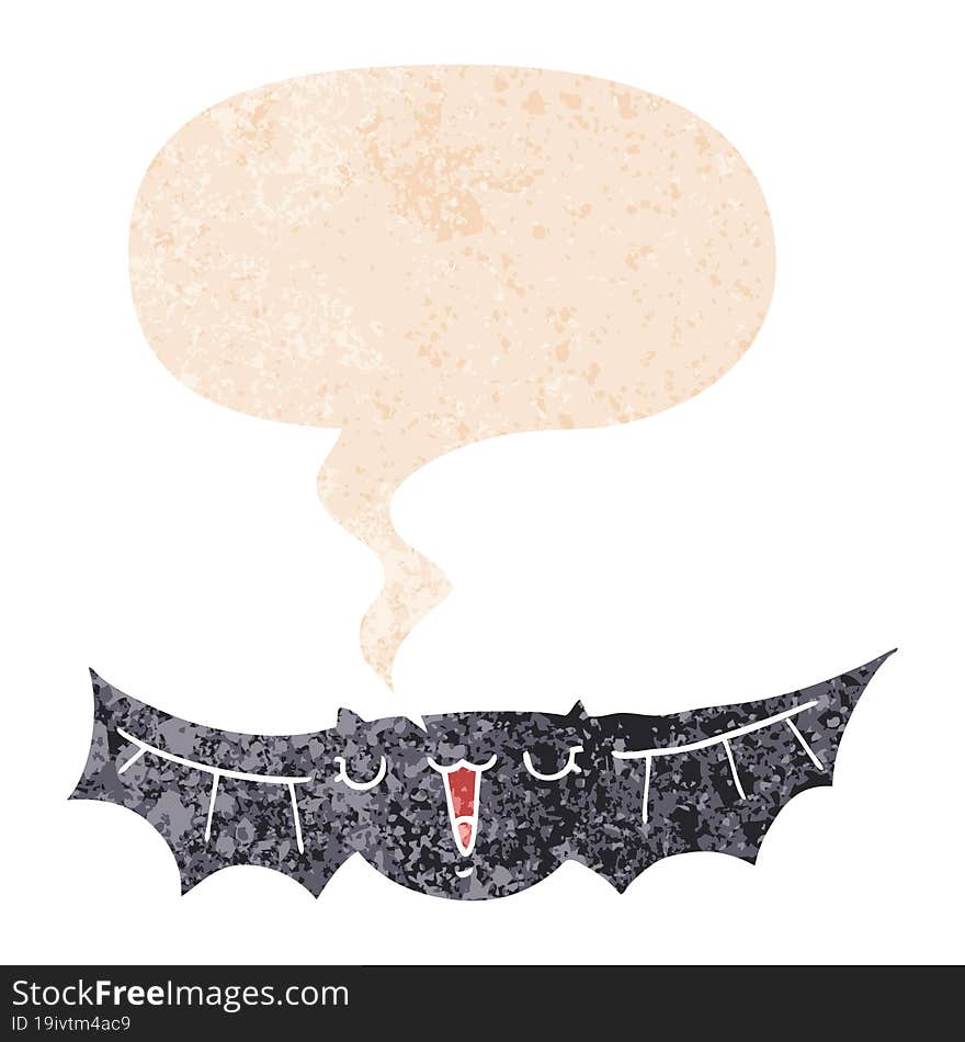 cartoon bat and speech bubble in retro textured style