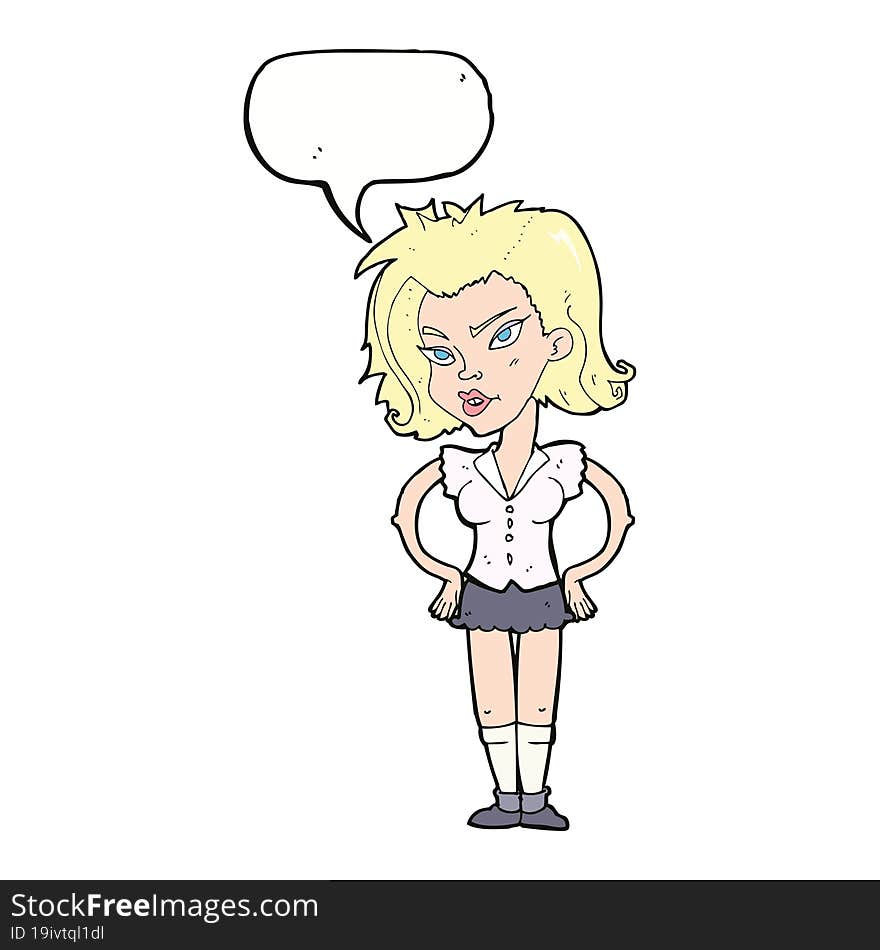 cartoon woman with hands on hips with speech bubble