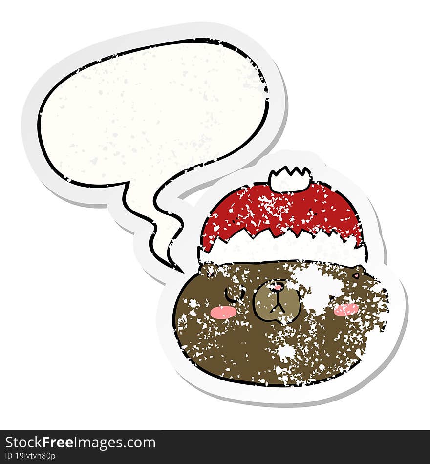 cartoon christmas bear and speech bubble distressed sticker