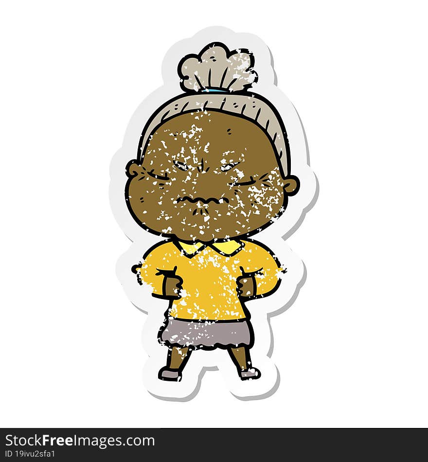 distressed sticker of a cartoon annoyed old lady