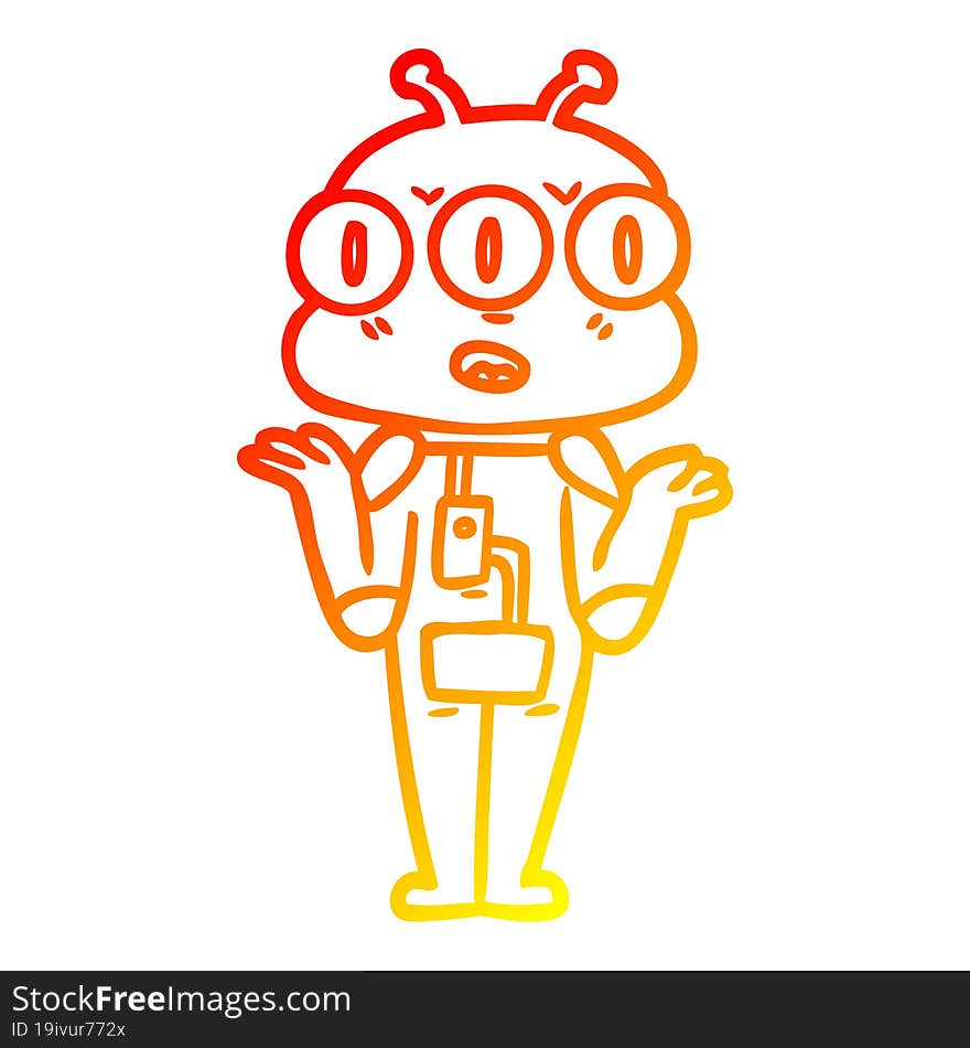 warm gradient line drawing cartoon three eyed alien shrugging