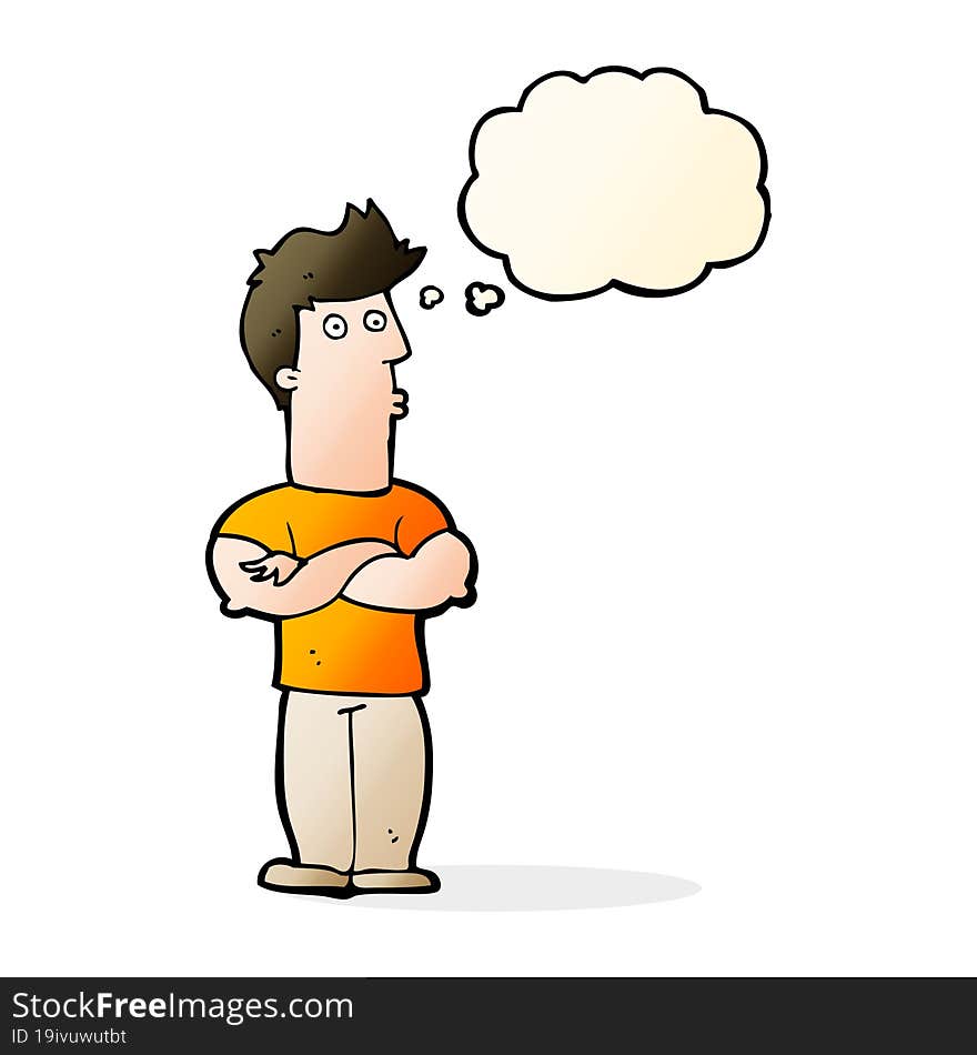 cartoon man with folded arms with thought bubble