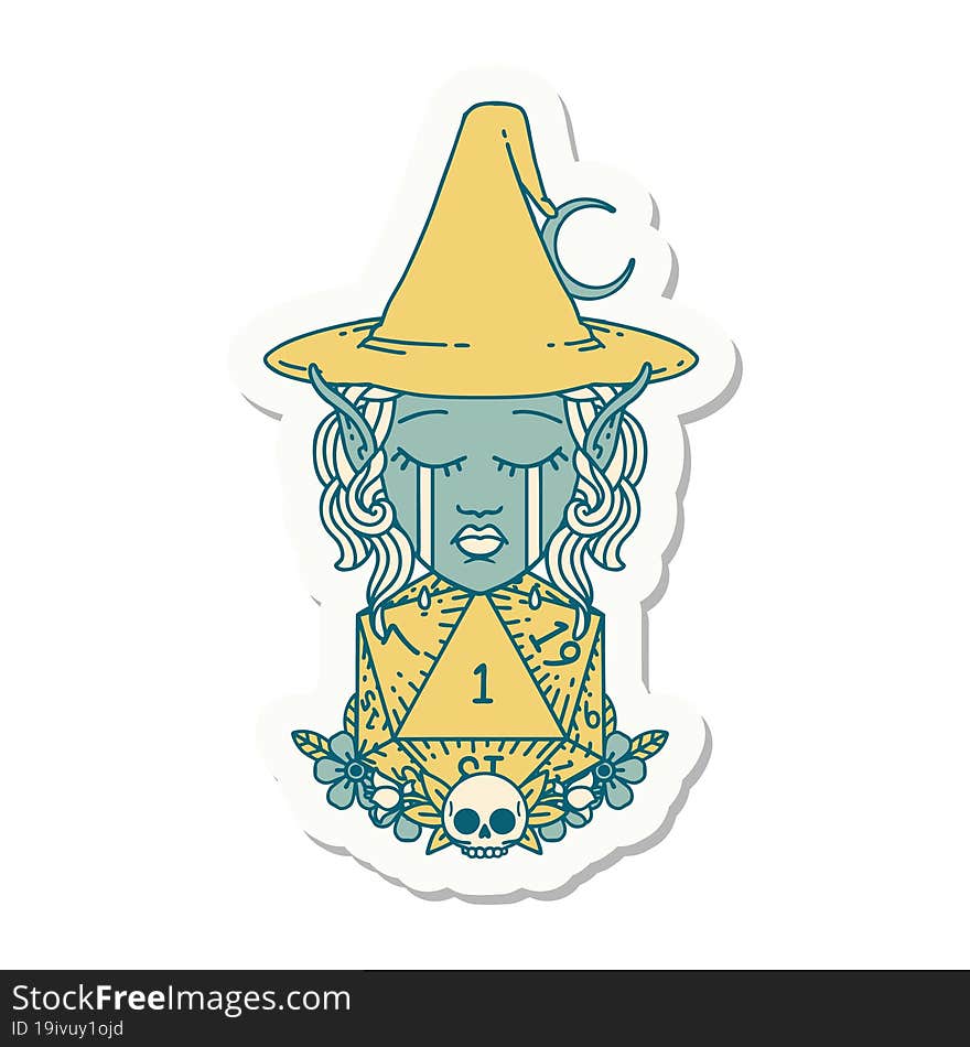 crying elf witch with natural one D20 roll sticker