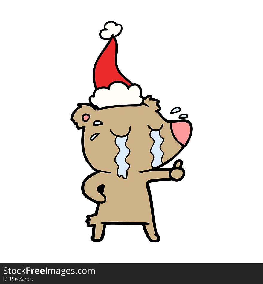 line drawing of a crying bear wearing santa hat