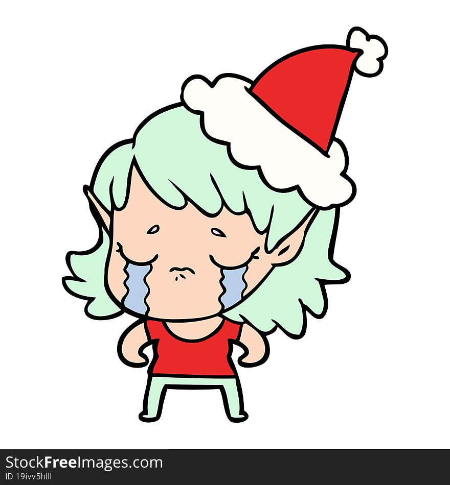 line drawing of a crying elf girl wearing santa hat