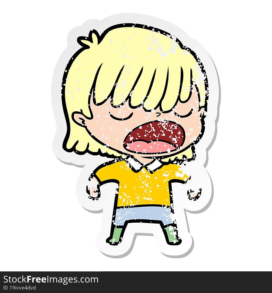 distressed sticker of a cartoon woman talking loudly