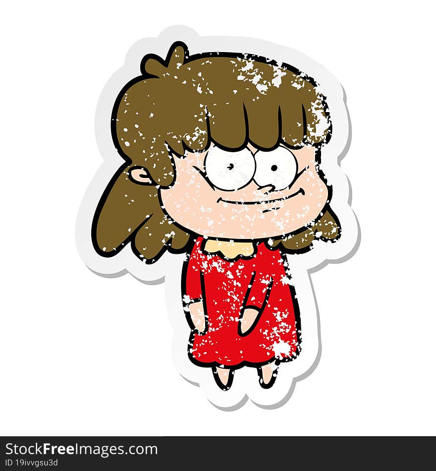 distressed sticker of a cartoon smiling woman