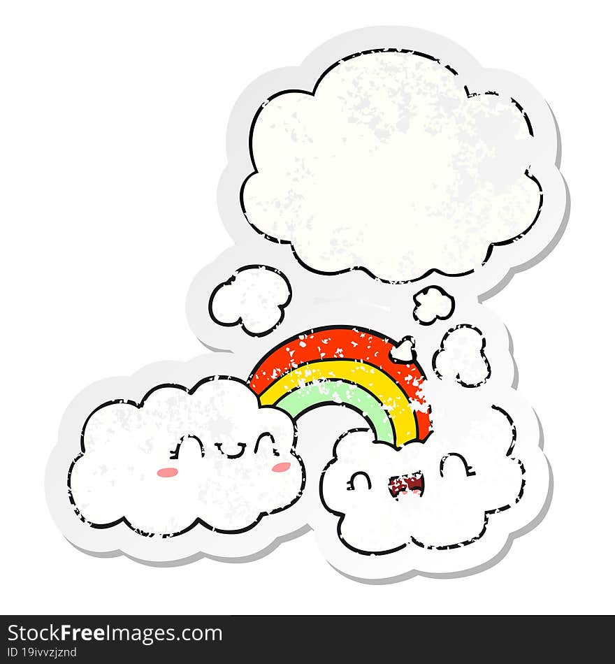 Happy Cartoon Clouds And Rainbow And Thought Bubble As A Distressed Worn Sticker