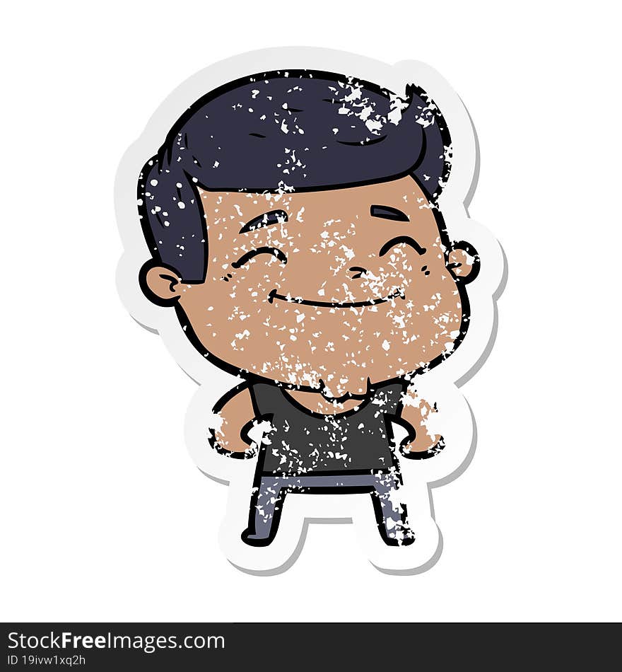 distressed sticker of a happy cartoon fashion man