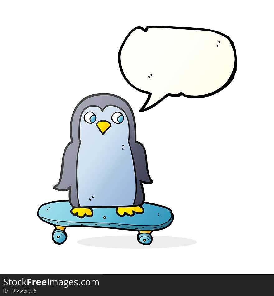 speech bubble cartoon penguin riding skateboard