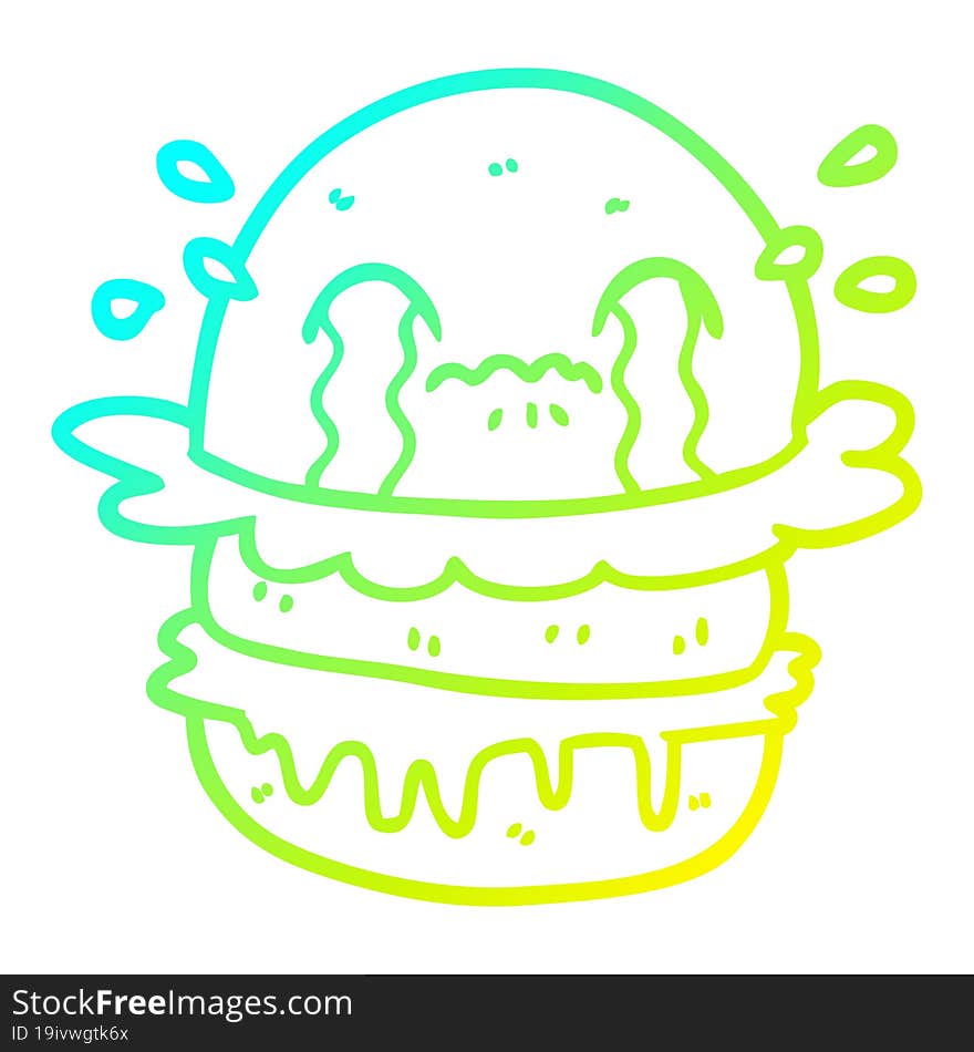 cold gradient line drawing of a cartoon crying fast food burger