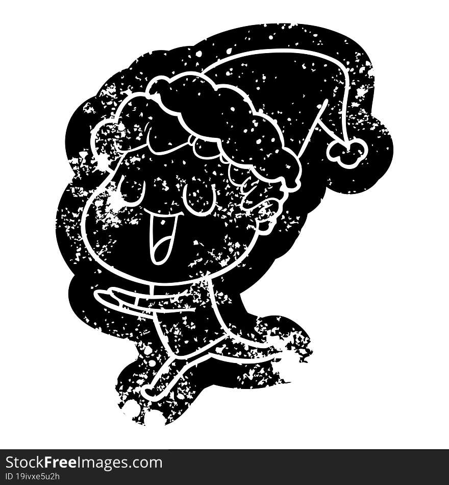 Laughing Cartoon Distressed Icon Of A Man Running Wearing Santa Hat