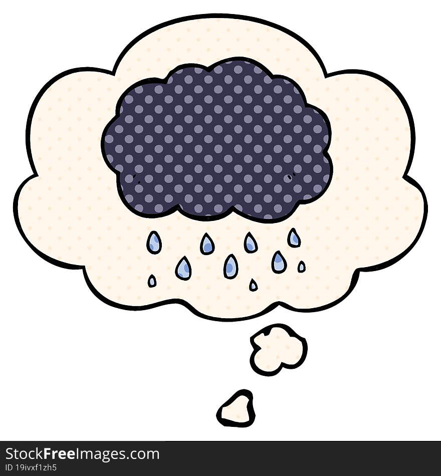 cartoon cloud raining and thought bubble in comic book style