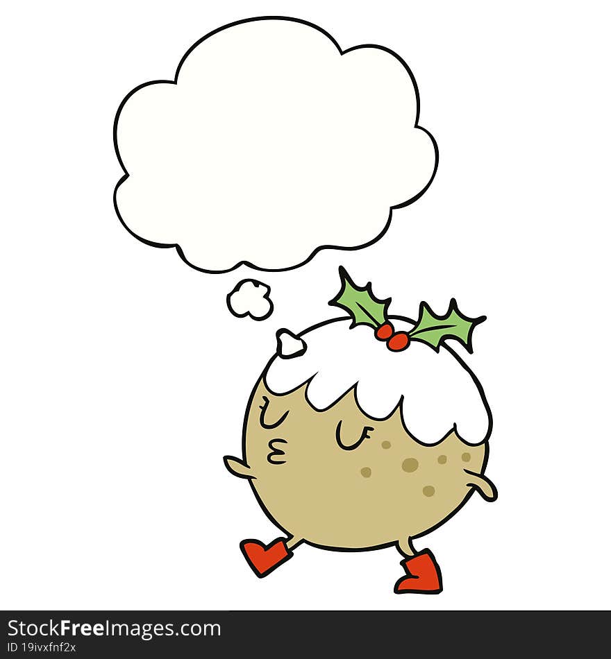 cartoon chrstmas pudding walking and thought bubble