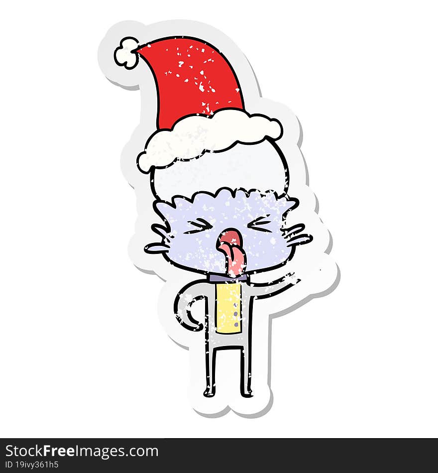 disgusted distressed sticker cartoon of a alien wearing santa hat