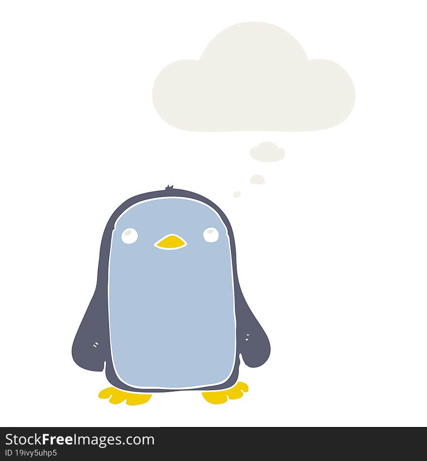 cute cartoon penguin and thought bubble in retro style