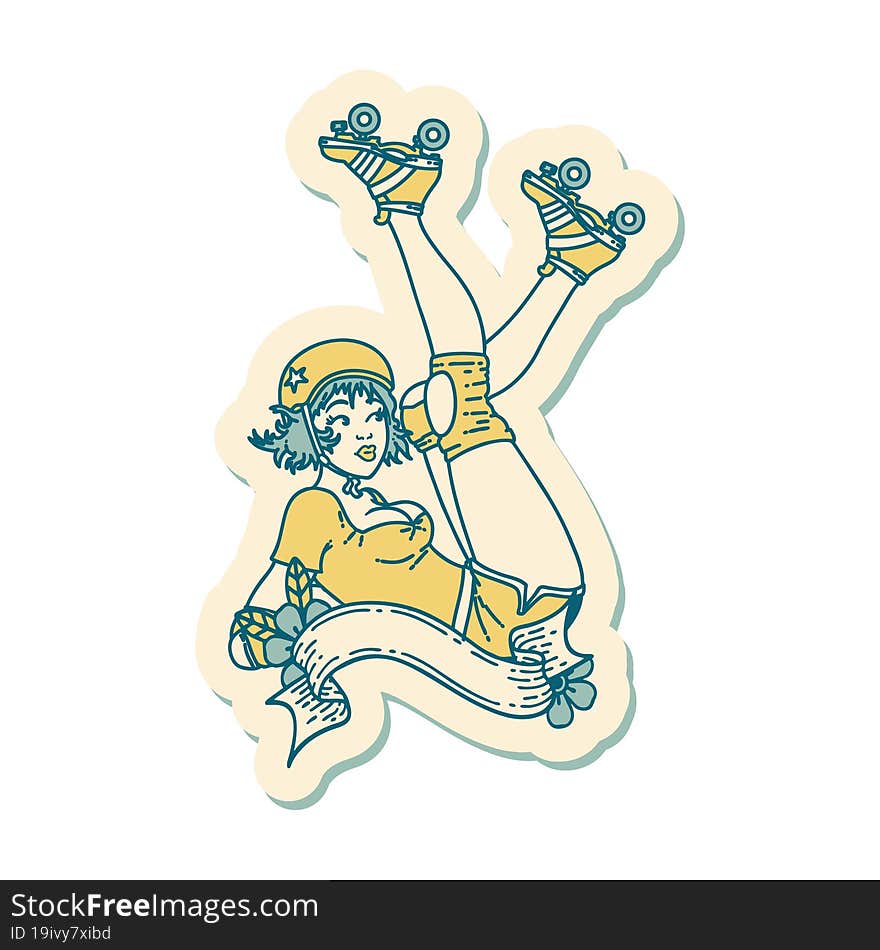 Tattoo Style Sticker Of A Pinup Roller Derby Girl With Banner