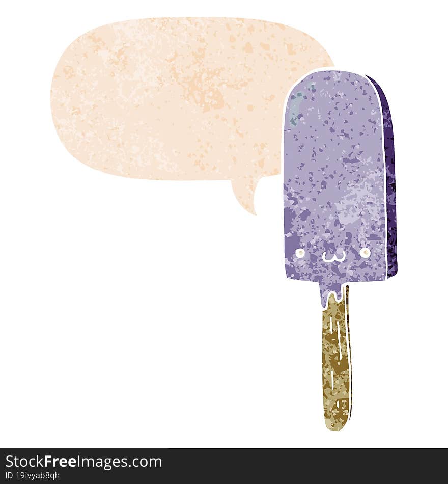 cartoon ice lolly and speech bubble in retro textured style