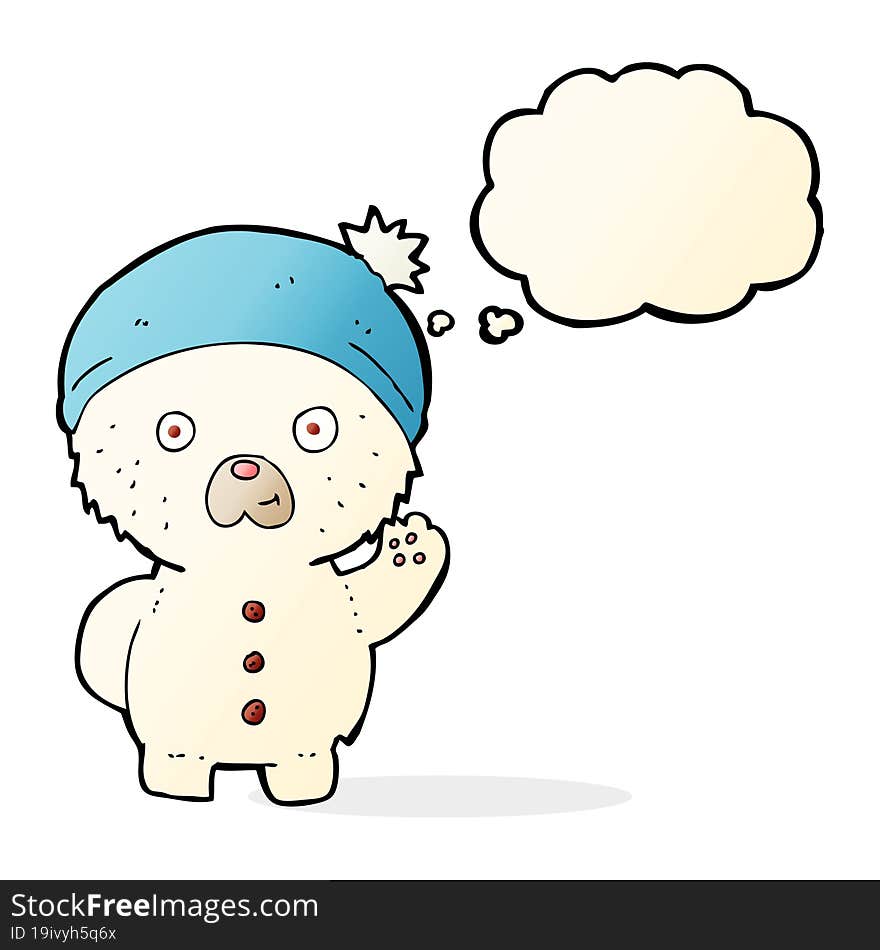 cartoon waving polar teddy bear in winter hat with thought bubble