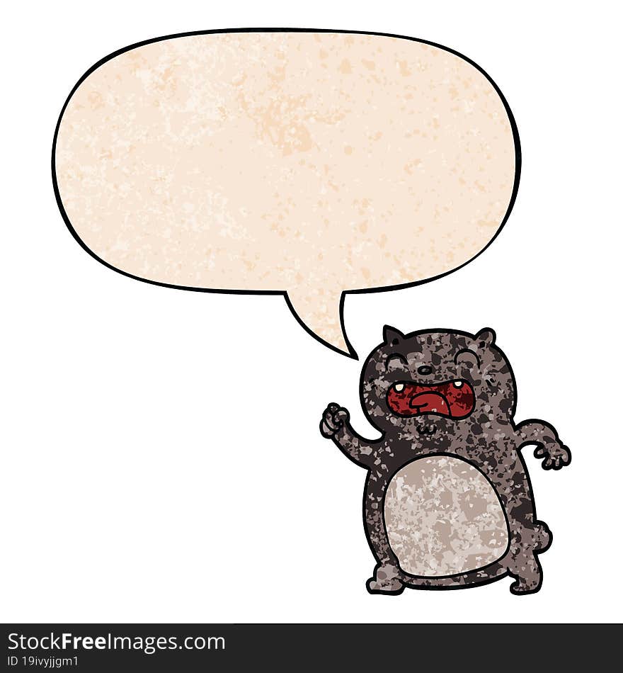 cartoon cat and speech bubble in retro texture style