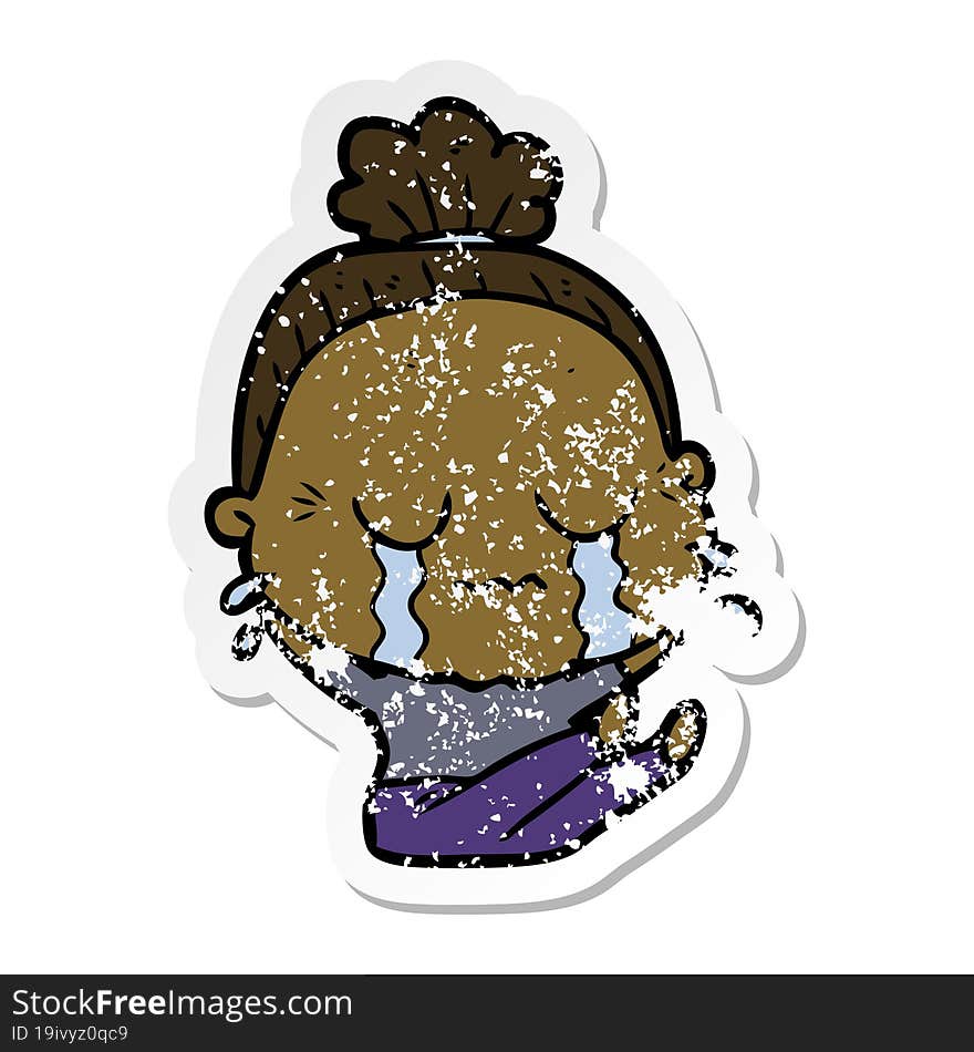 distressed sticker of a cartoon crying old lady