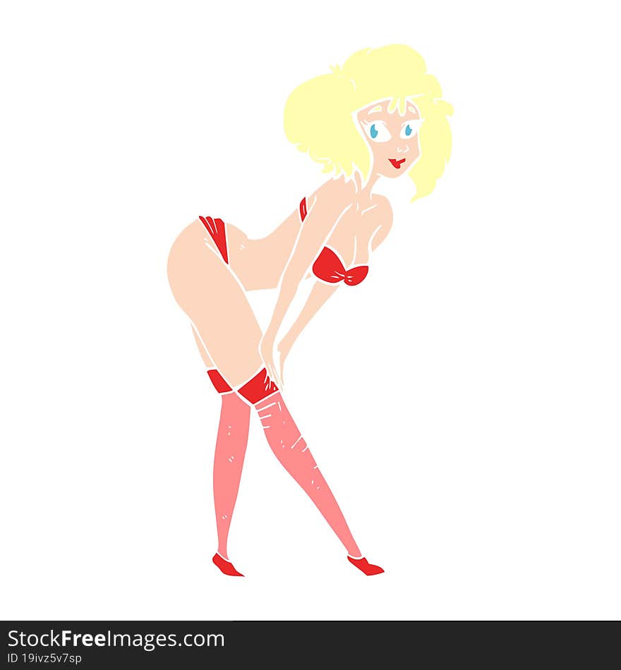 flat color illustration of a cartoon pin up girl putting on stockings