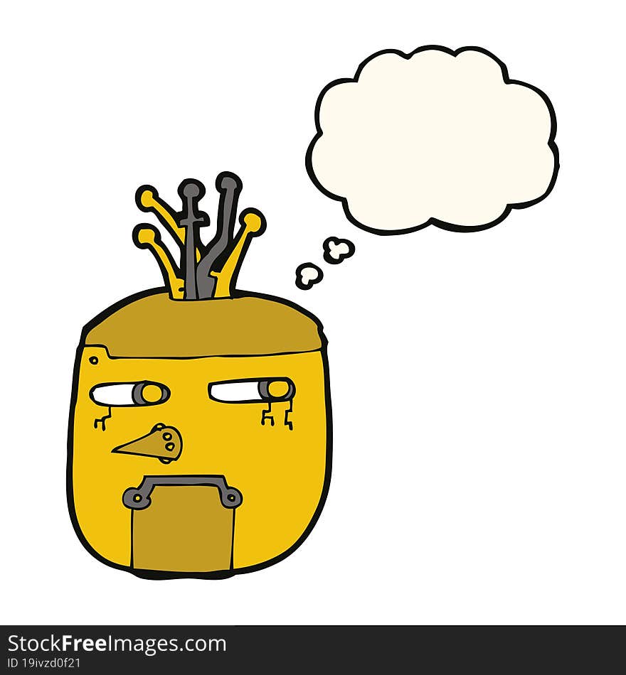 cartoon gold robot head with thought bubble