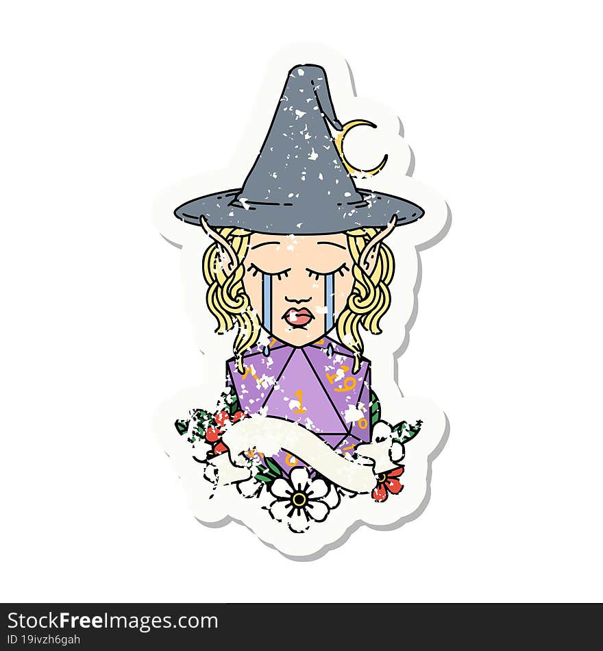 crying elf mage character face with natural one D20 roll grunge sticker