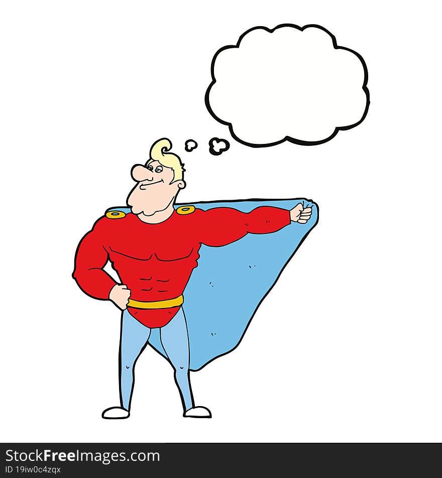 funny cartoon superhero with thought bubble