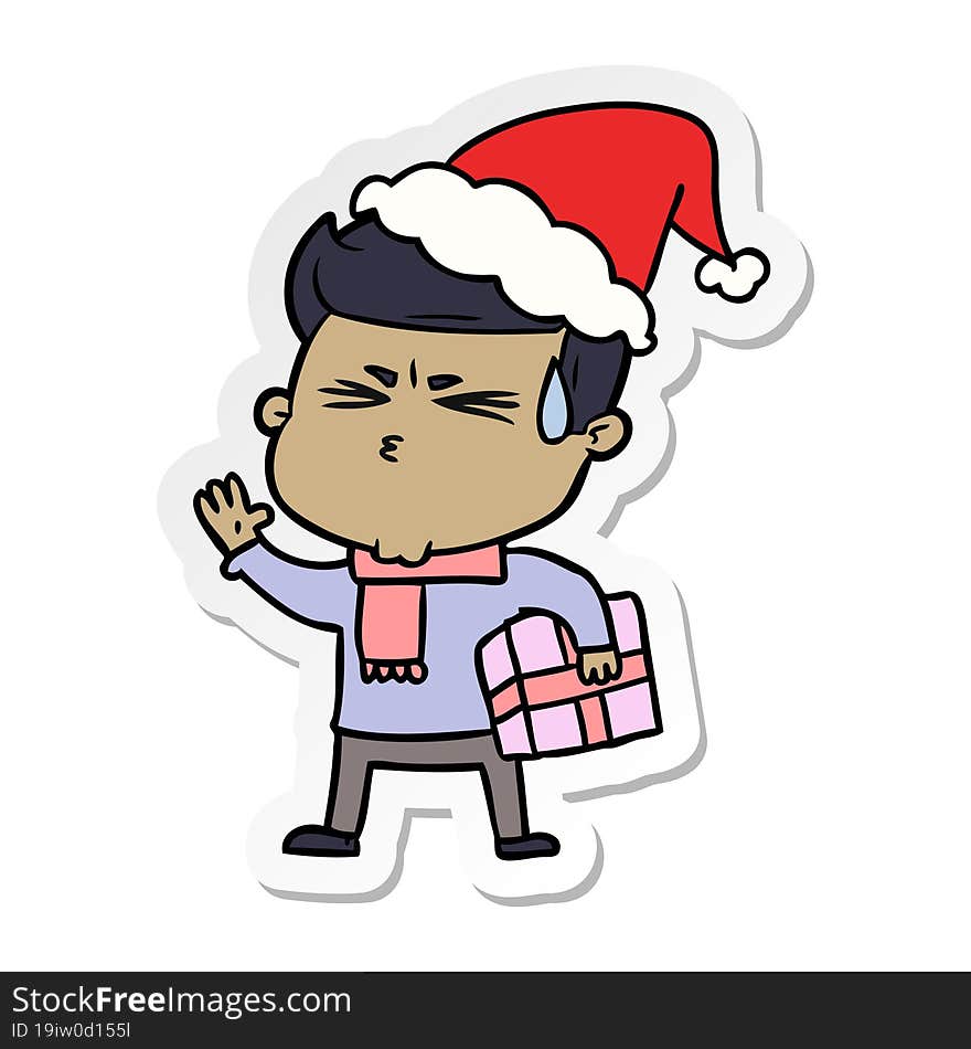 sticker cartoon of a man sweating wearing santa hat