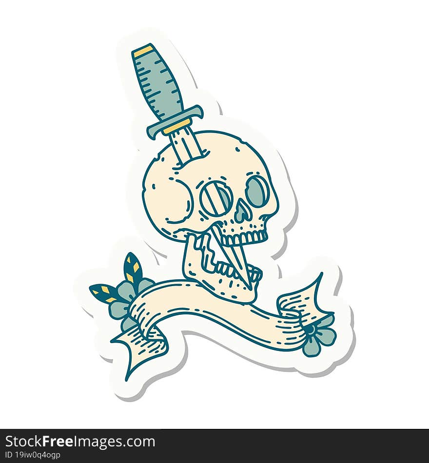 Tattoo Sticker With Banner Of A Skull And Dagger