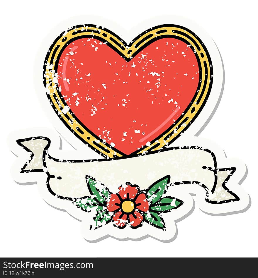 distressed sticker tattoo in traditional style of a heart and banner. distressed sticker tattoo in traditional style of a heart and banner