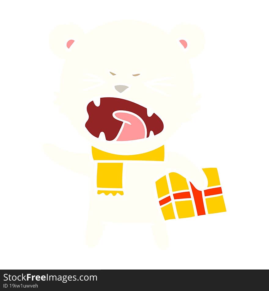 angry flat color style cartoon polar bear with christmas present