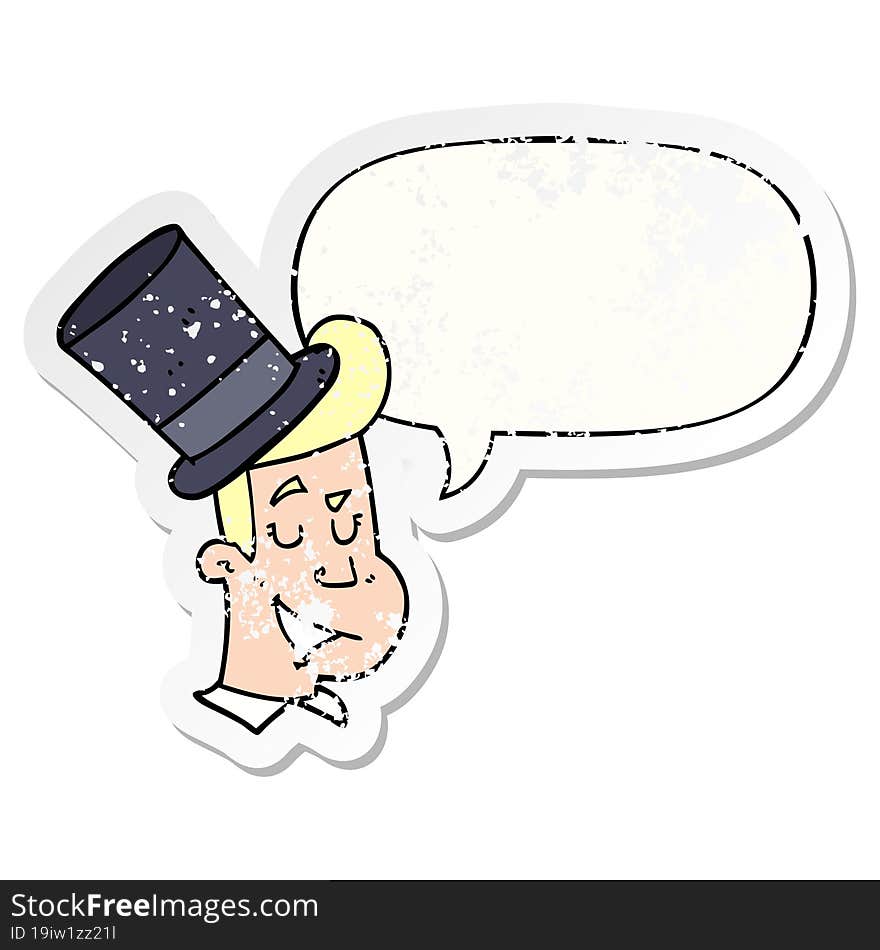 cartoon man wearing top hat and speech bubble distressed sticker