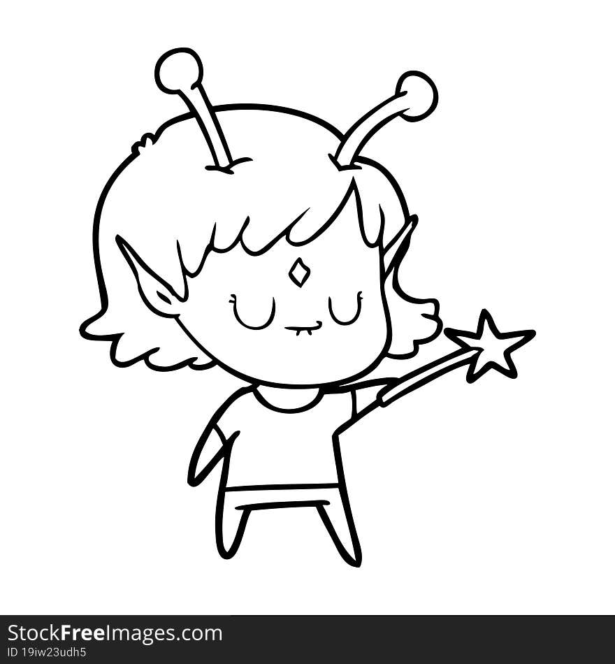 cartoon alien girl with wand. cartoon alien girl with wand