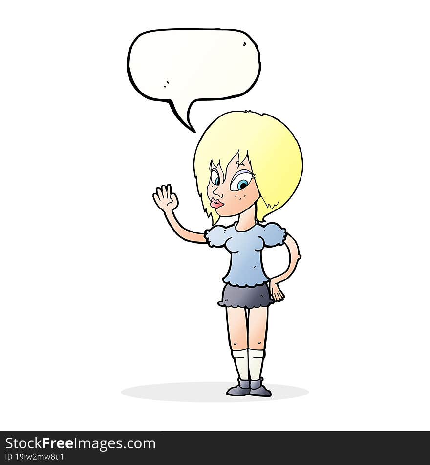 cartoon pretty woman waving with speech bubble