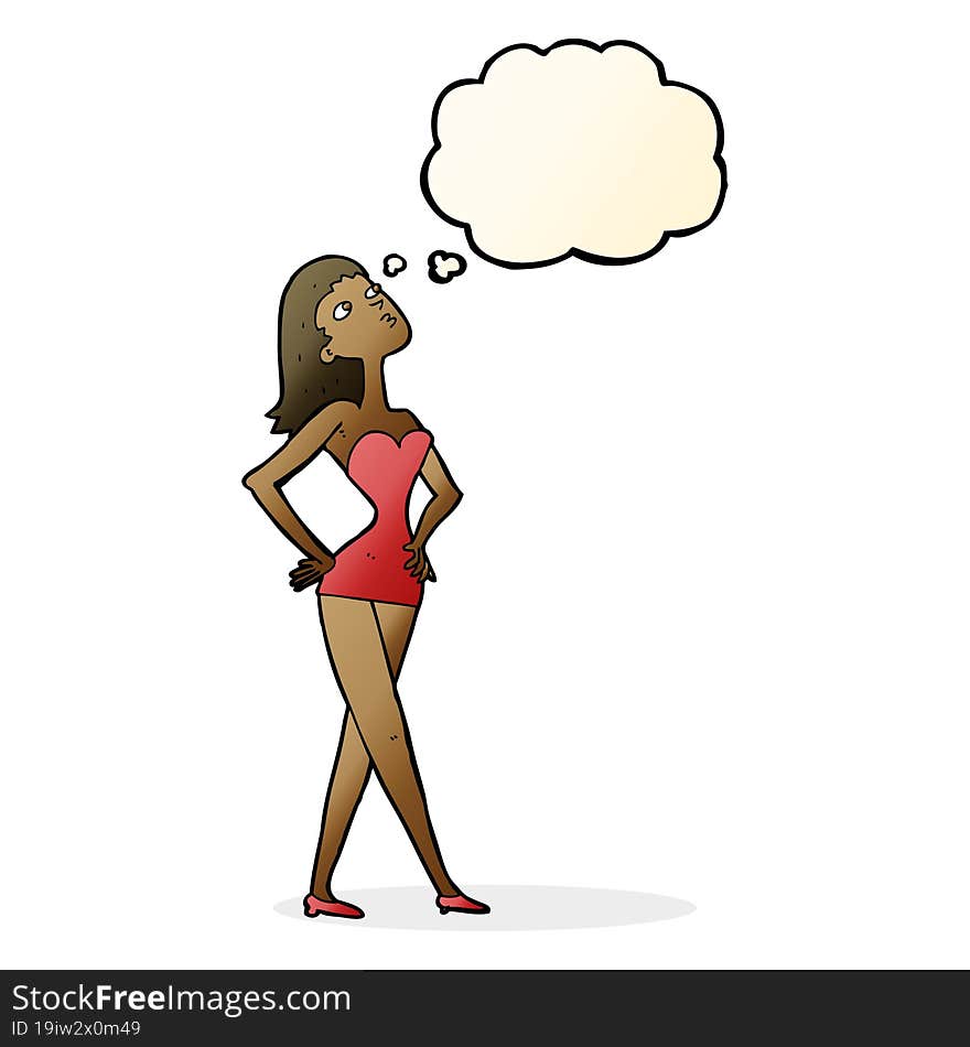 cartoon woman in party dress with thought bubble